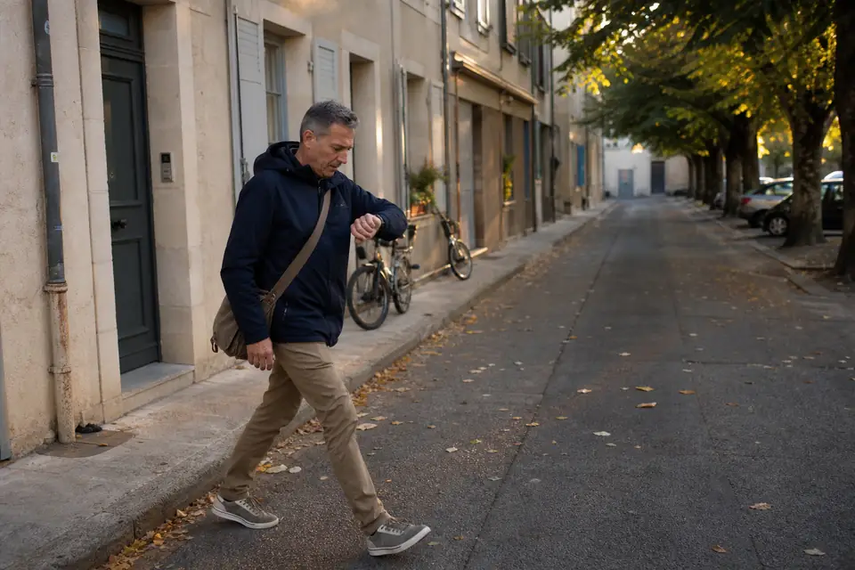 Un homme d’une cinquantaine d’années marche d’un pas rapide dans une rue arborée en fin de journée, sacoche en bandoulière.