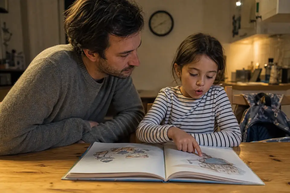 Une fillette de six ans suit du doigt une ligne de son livre de lecture, assise à la table de la cuisine à côté de son père.