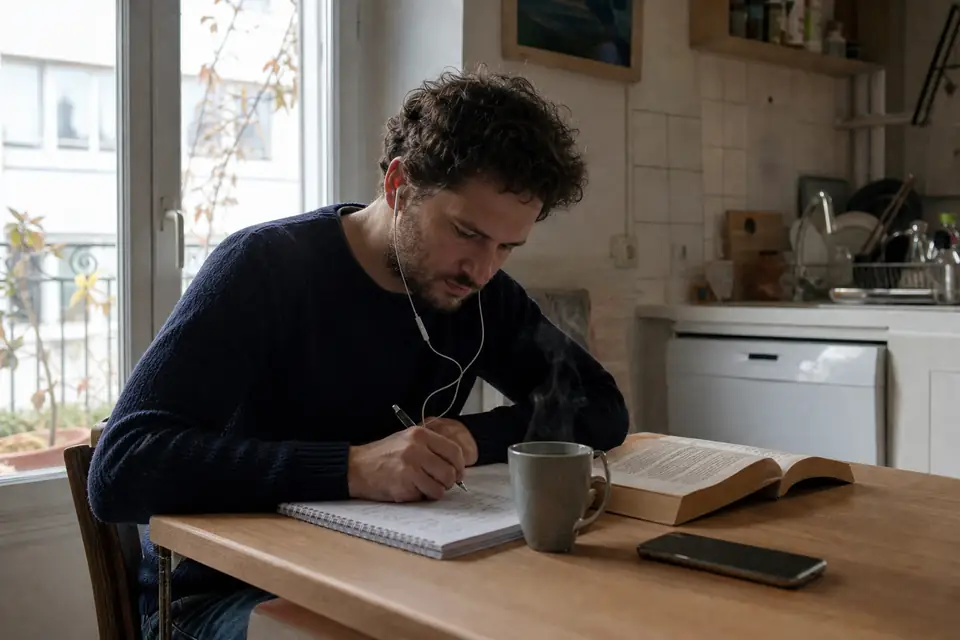 Un homme d’une trentaine d’années révise une langue étrangère à sa table de cuisine, écouteurs aux oreilles, cahier ouvert et café fumant.