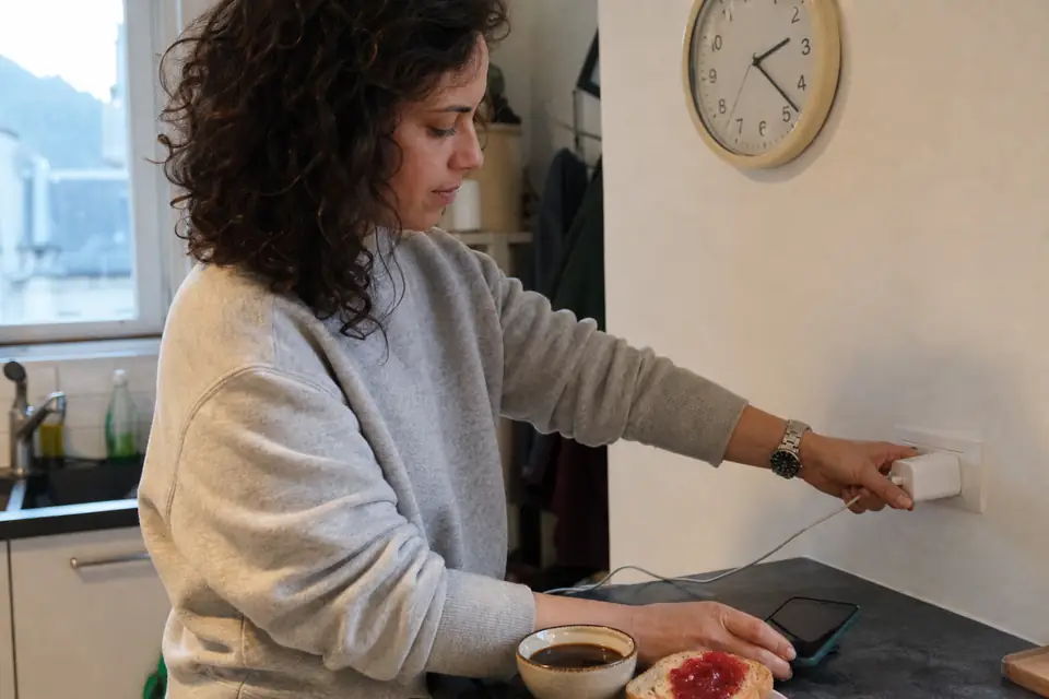 Une femme branche son smartphone sur un chargeur mural blanc avec un câble USB-C, sur le plan de travail d’une cuisine, près d’un bol de café.