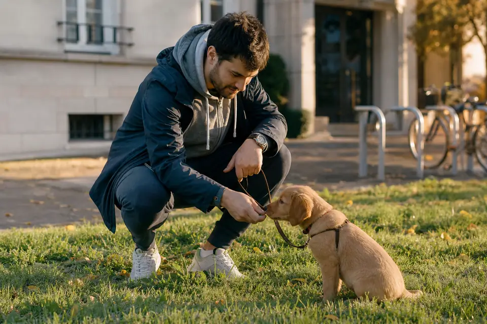 Un homme accroupi sur une pelouse au pied d’un immeuble félicite un jeune chiot beige tenu en laisse, une friandise à la main.