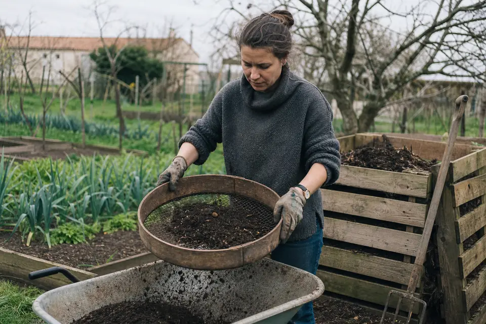 Une femme tamise du compost brun foncé au-dessus d’une brouette, à côté d’un bac à compost en palettes au fond d’un potager.