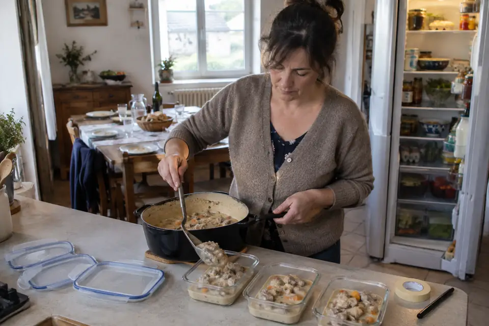 Une femme répartit les restes d’une blanquette dans trois boîtes en verre peu profondes sur le plan de travail, à côté de la cocotte et du réfrigérateur ouvert.