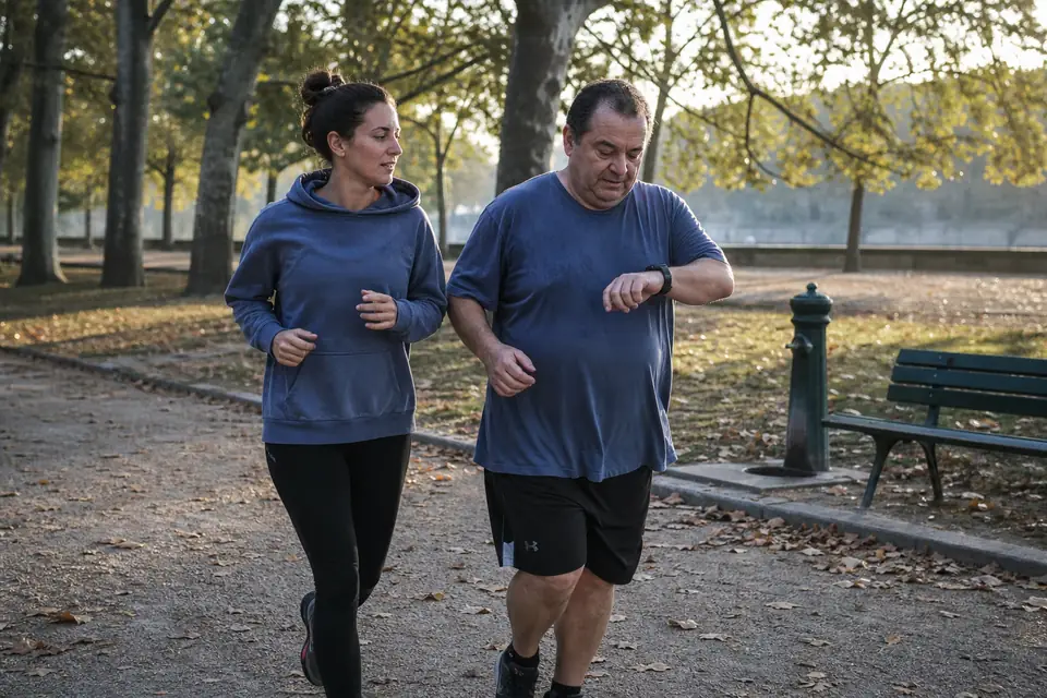 Deux coureurs amateurs trottinent côte à côte sur une allée de parc couverte de feuilles mortes, l’un regarde sa montre.