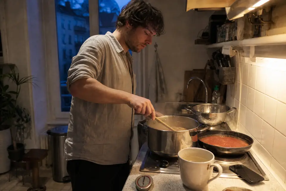 Un homme remue des spaghetti dans une grande casserole d’eau bouillante, à côté d’une poêle de sauce tomate et d’un petit minuteur.