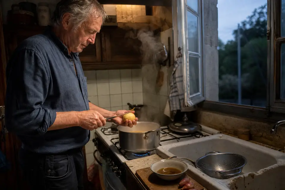 Un homme pique une pomme de terre avec la pointe d’un couteau au-dessus d’une casserole fumante, près d’une passoire et d’un minuteur.