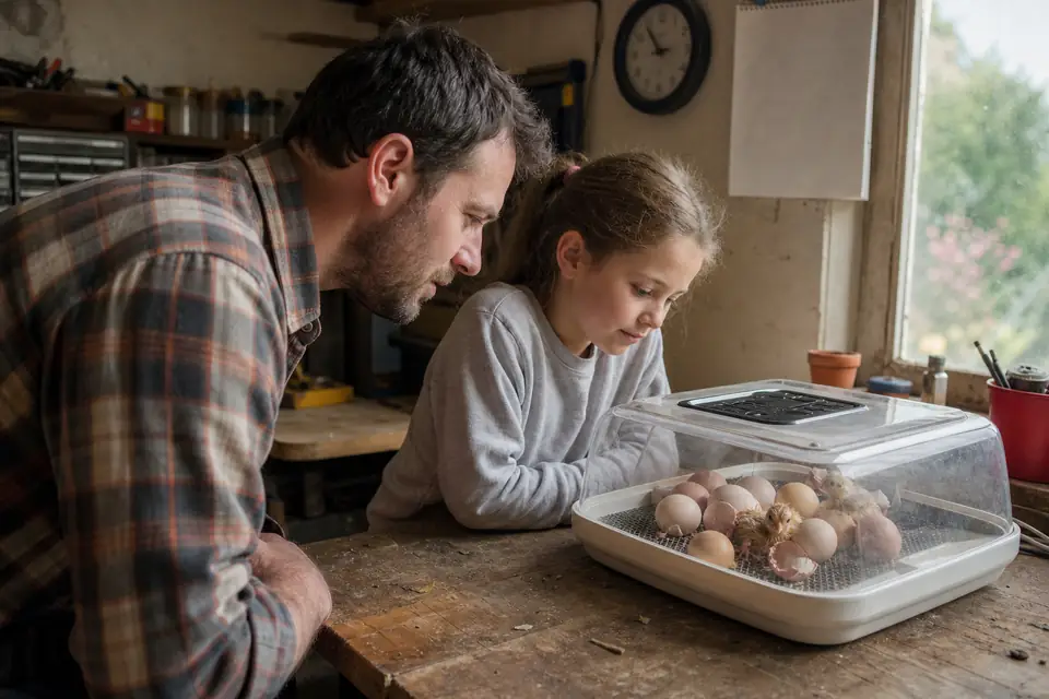 Un père et sa fille observent à travers le couvercle transparent d’une petite couveuse un poussin qui sort de sa coquille.