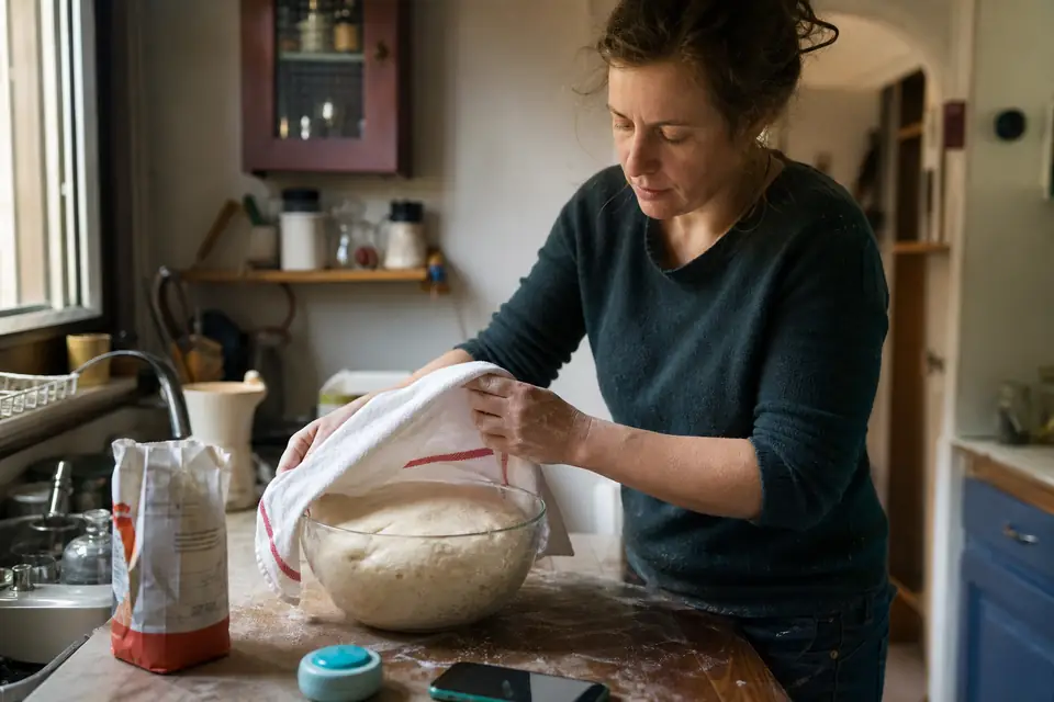 Une femme soulève un torchon pour vérifier une pâte à pizza qui a levé dans un saladier en verre, sur un plan de travail fariné.