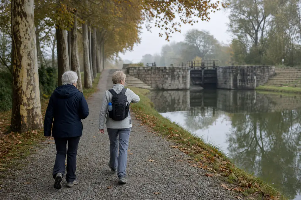 Deux femmes d’une soixantaine d’années marchent d’un bon pas sur un chemin de halage bordé d’arbres, un matin d’automne.