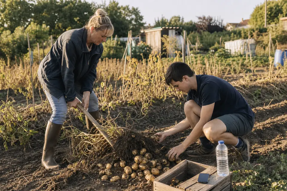 Une femme soulève un pied de pommes de terre à la fourche-bêche dans un potager pendant qu’un adolescent ramasse les tubercules dans une caisse.