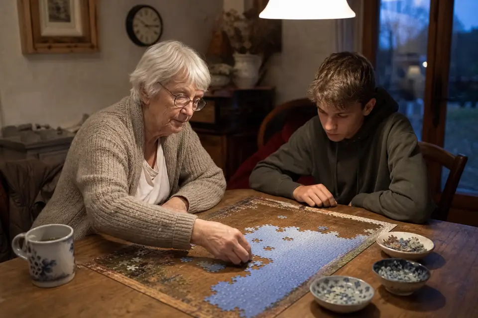 Une grand-mère et son petit-fils assemblent un puzzle de 1000 pièces sur une table en bois, le cadre terminé et les pièces triées dans des bols.