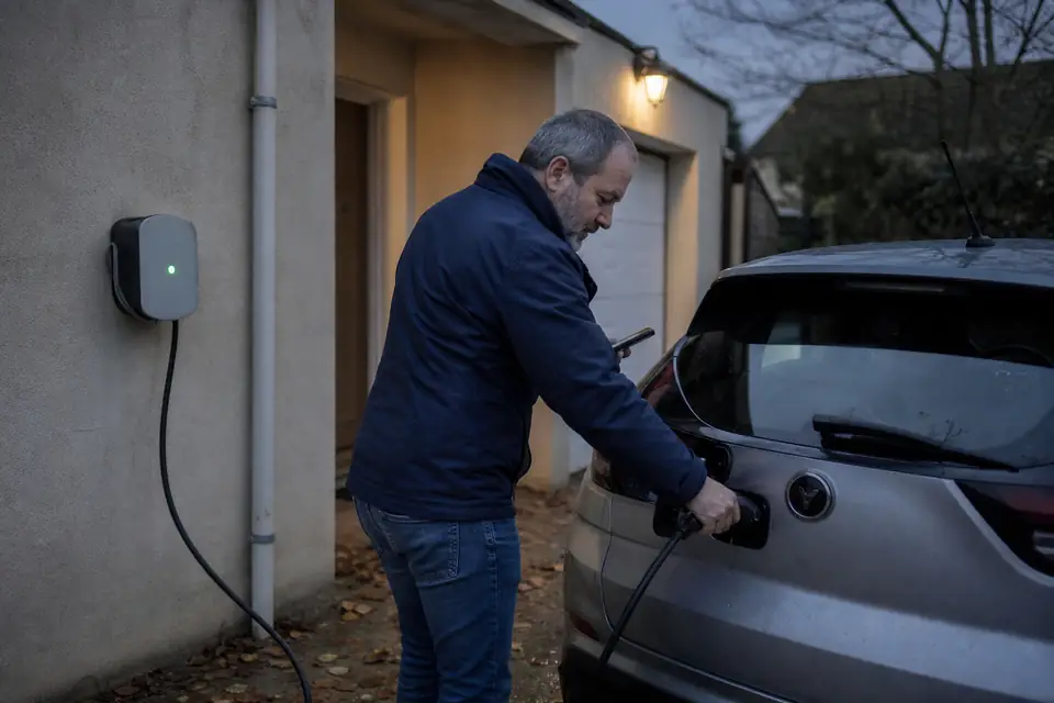 Un homme branche le câble de recharge d’une petite voiture électrique garée devant un garage, près d’une borne murale, à la tombée du jour.