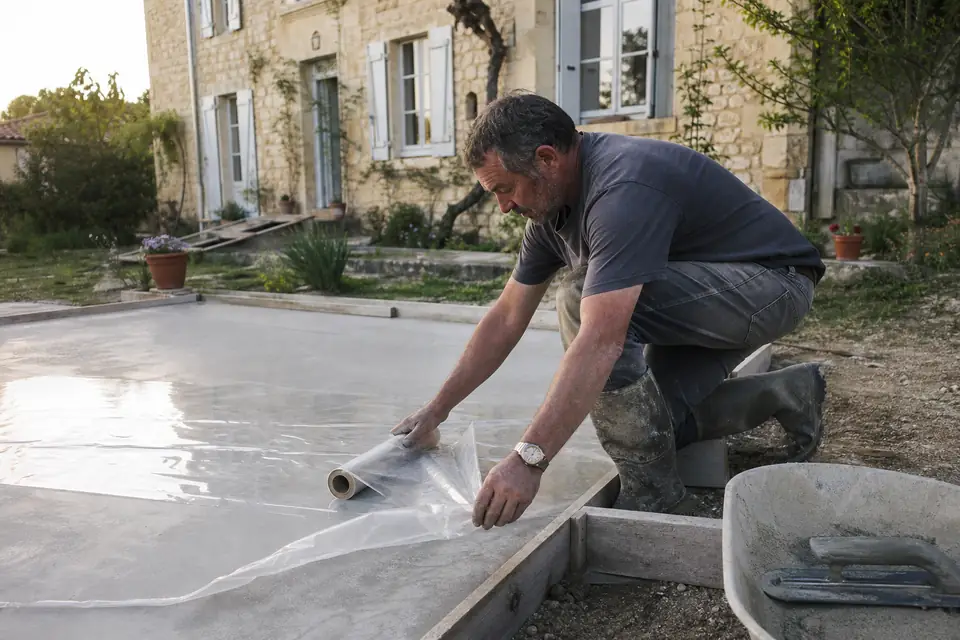 Un homme accroupi au bord d’une dalle de béton fraîchement coulée dans un jardin la recouvre d’un film plastique, coffrages encore en place.