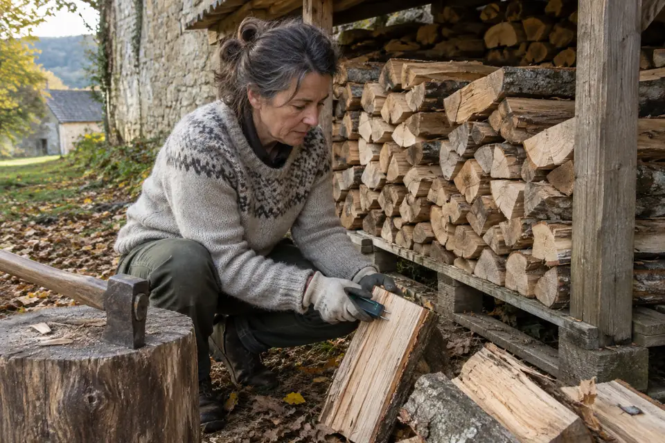 Une femme enfonce les pointes d’un humidimètre dans la face fraîchement fendue d’une bûche, devant une pile de bois rangée sous un appentis contre un mur de pierre.