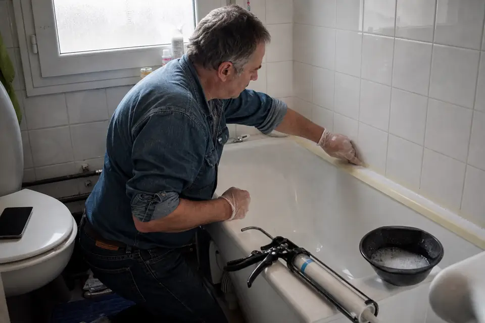 Un homme lisse du doigt un cordon de silicone blanc tout frais entre une baignoire et la faïence, bordé de ruban de masquage.