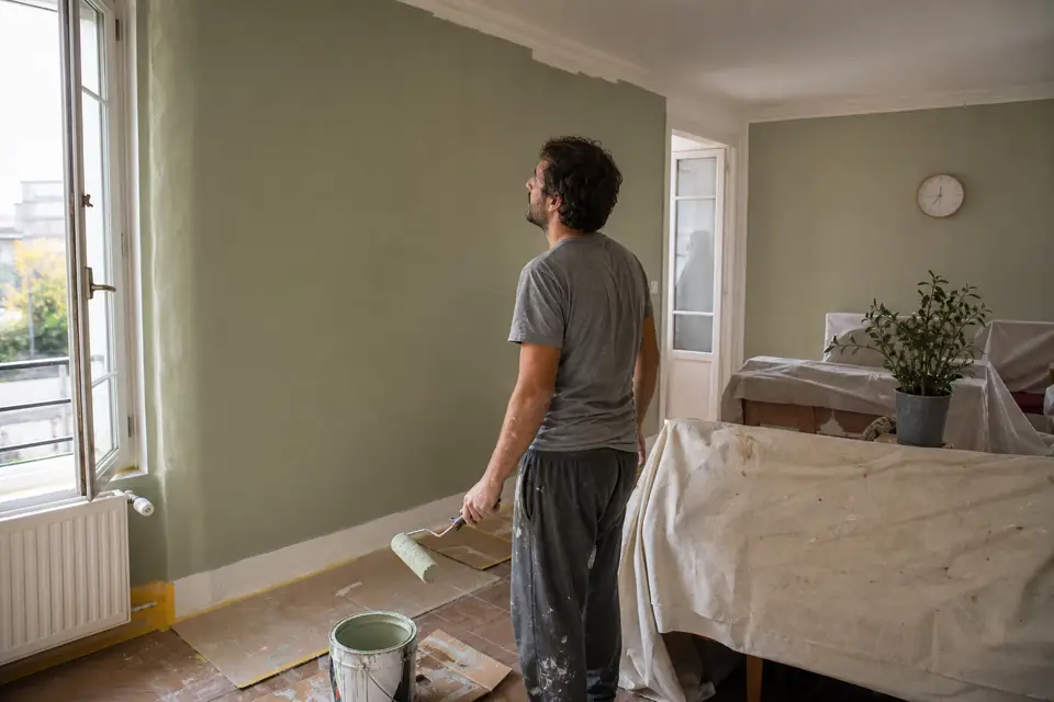 Un homme en tee-shirt taché recule d’un pas, rouleau à la main, pour observer un mur de salon fraîchement peint en vert pâle.