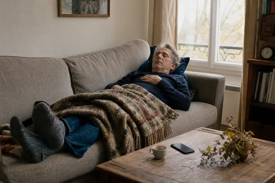 Un homme d’une cinquantaine d’années fait la sieste sur un canapé, un plaid sur les jambes, une tasse à expresso vide posée sur la table basse.